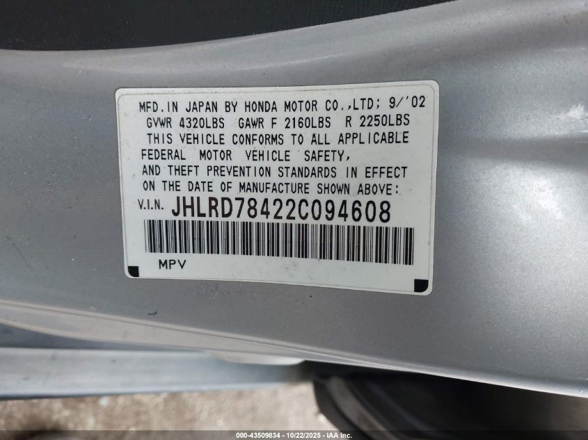 2002 Honda Cr-V Lx VIN: JHLRD78422C094608 Lot: 43509834