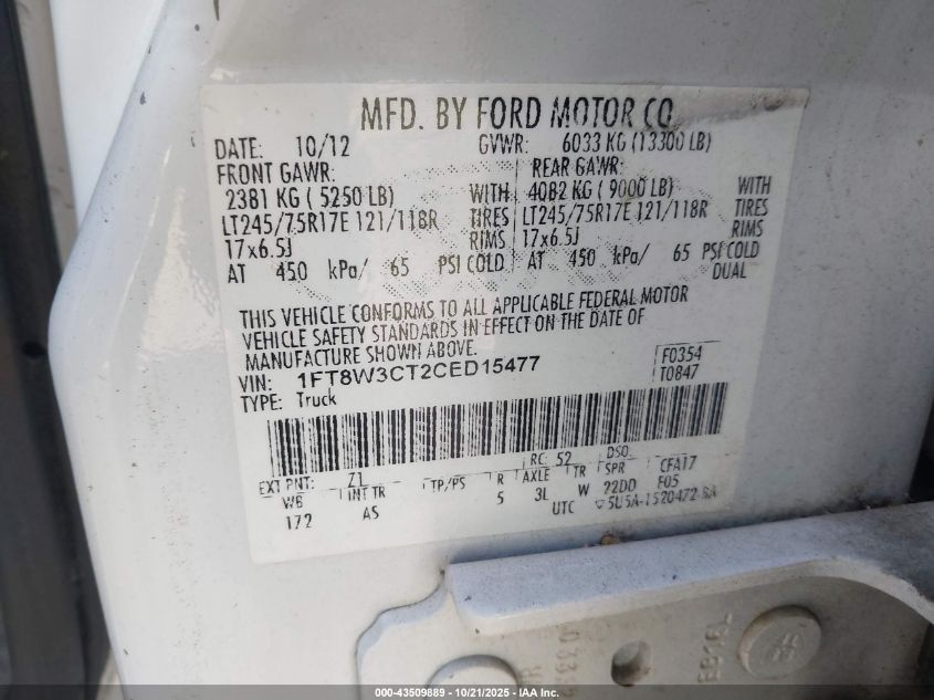 2012 Ford F-350 Xl VIN: 1FT8W3CT2CED15477 Lot: 43509889