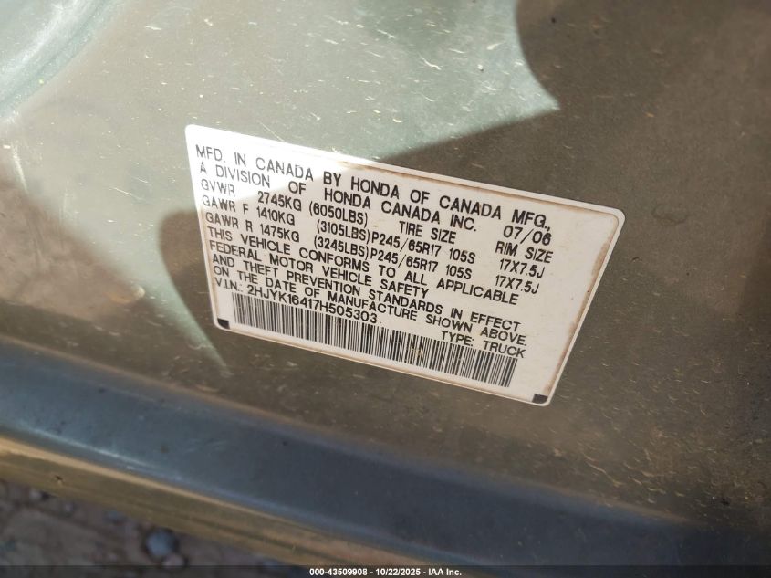 2007 Honda Ridgeline Rts VIN: 2HJYK16417H505303 Lot: 43509908