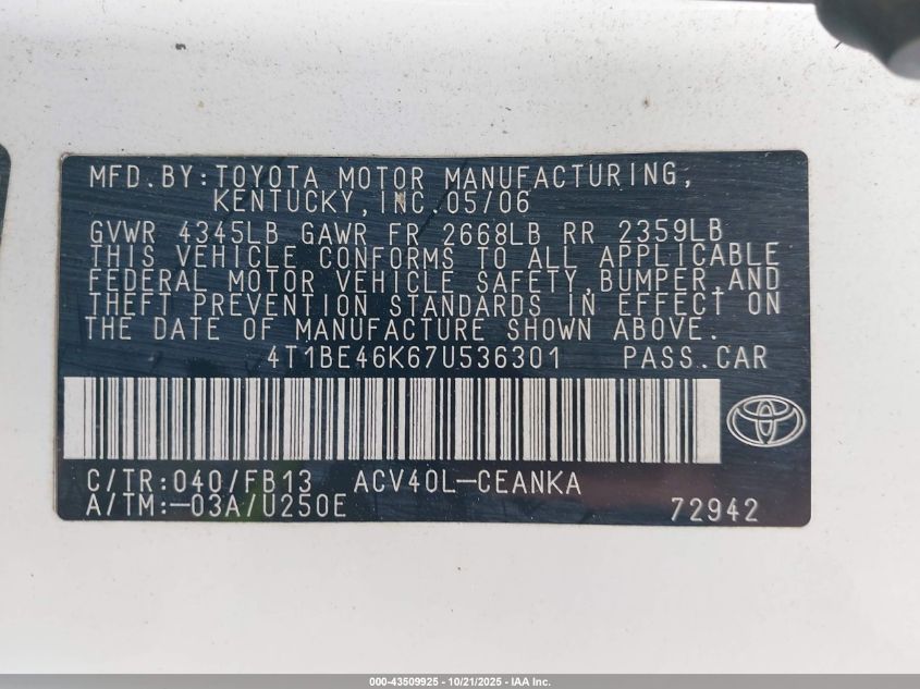 2007 Toyota Camry Le VIN: 4T1BE46K67U536301 Lot: 43509925