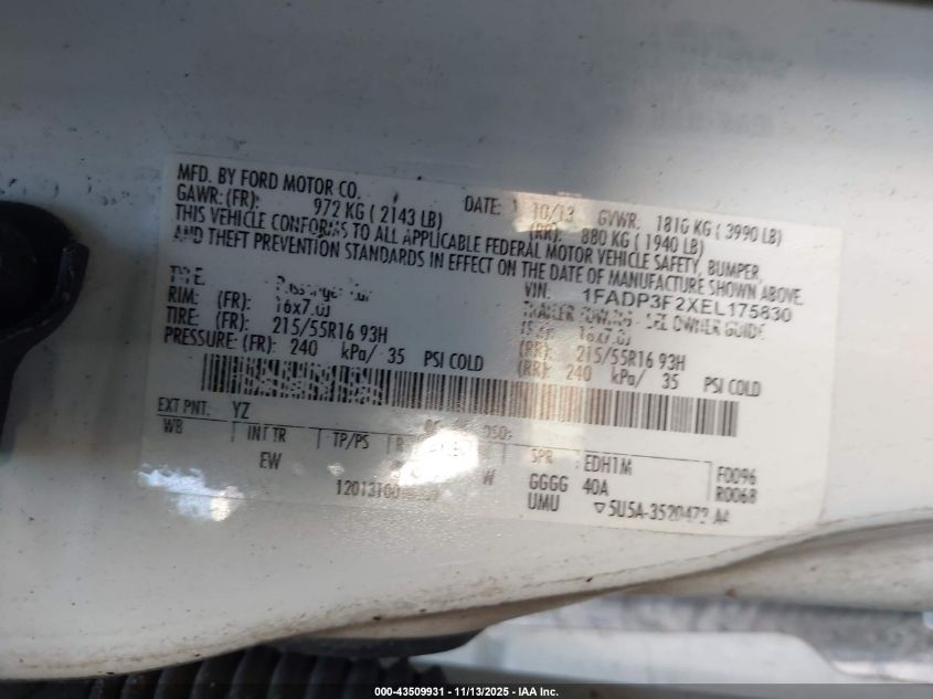 2014 Ford Focus Se VIN: 1FADP3F2XEL175830 Lot: 43509931