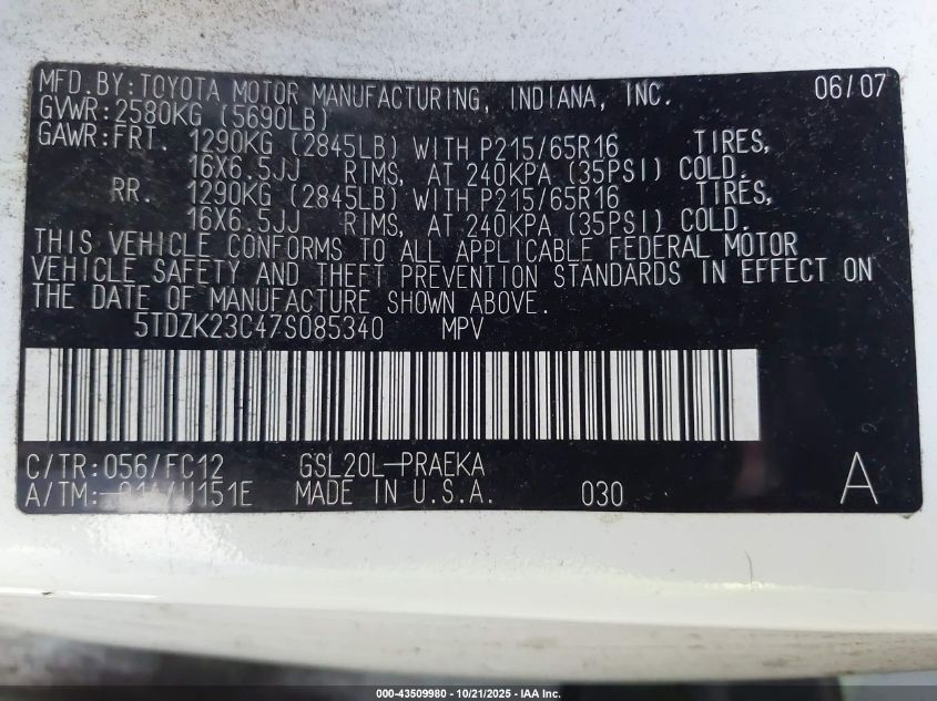 2007 Toyota Sienna Le VIN: 5TDZK23C47S085340 Lot: 43509980