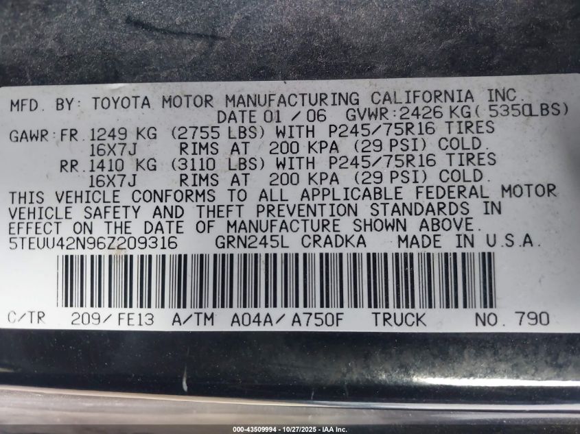2006 Toyota Tacoma Base V6 VIN: 5TEUU42N96Z209316 Lot: 43509994