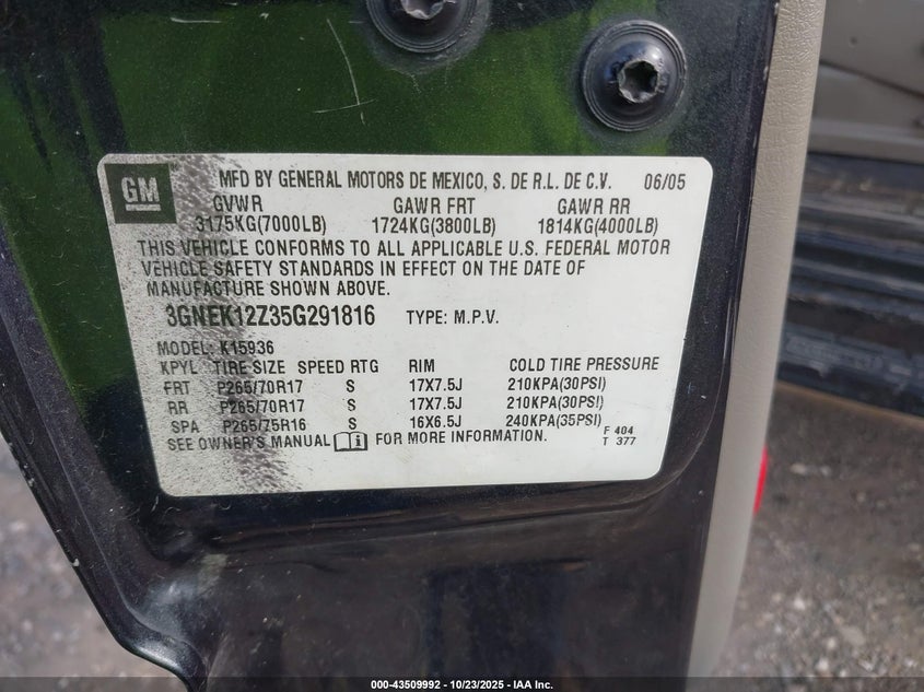 3GNEK12Z35G291816 2005 CHEVROLET AVALANCHE photo no. 9