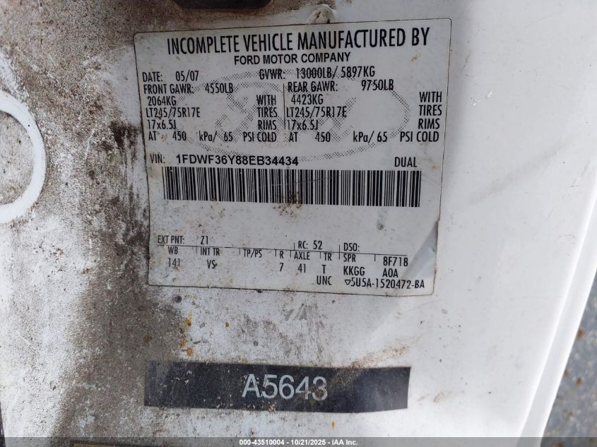 2008 Ford F-350 Chassis Xl/Xlt VIN: 1FDWF36Y88EB34434 Lot: 43510004