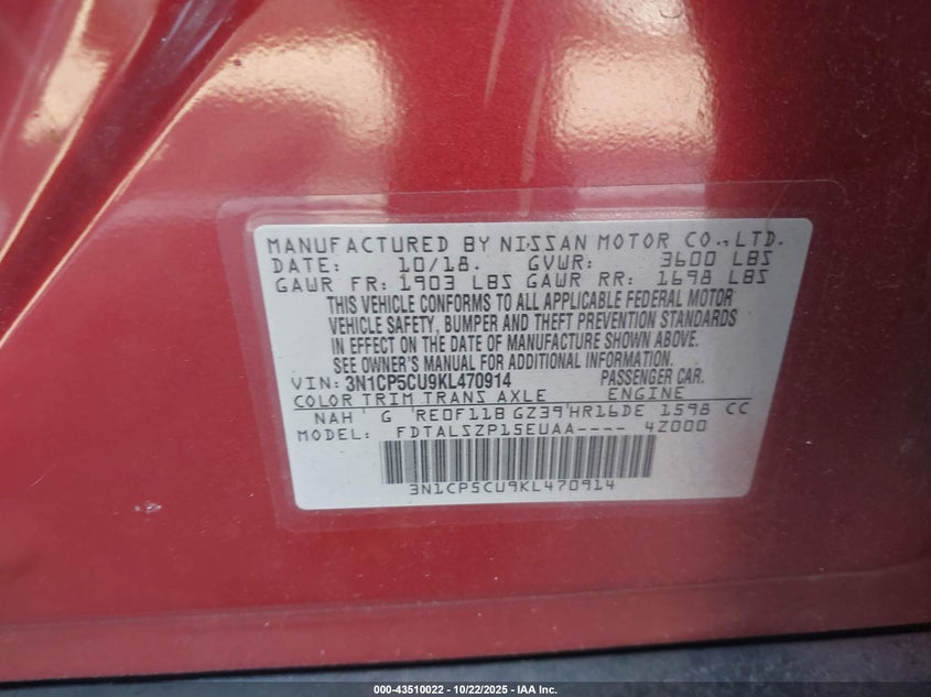 2019 NISSAN KICKS SV 3N1CP5CU9KL470914