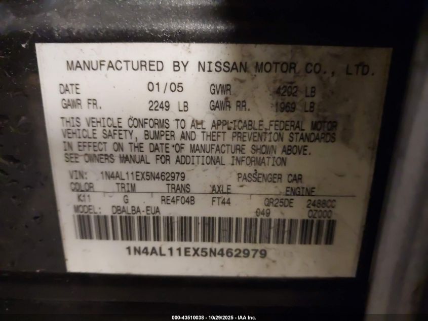 2005 Nissan Altima 2.5 S VIN: 1N4AL11EX5N462979 Lot: 43510038