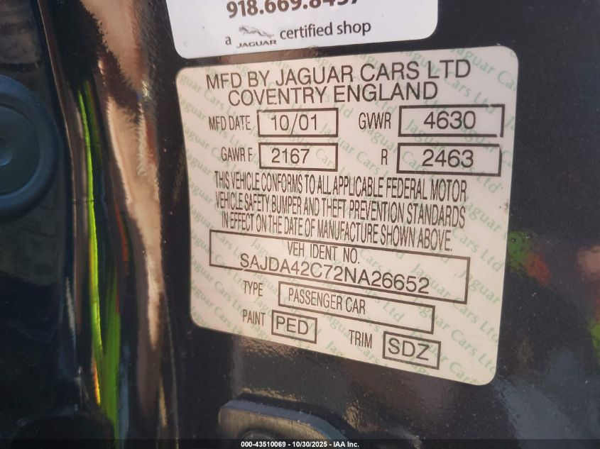 2002 Jaguar Xk8 VIN: SAJDA42C72NA26652 Lot: 43510069