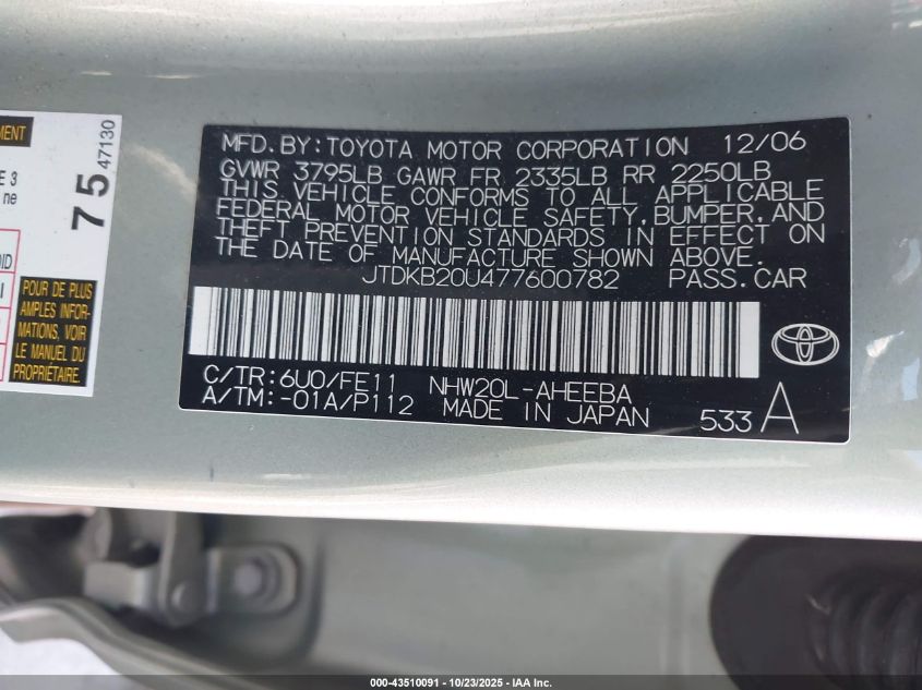 2007 Toyota Prius VIN: JTDKB20U477600782 Lot: 43510091