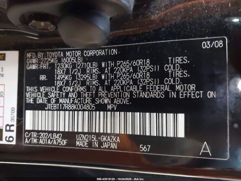 2008 Toyota 4Runner Limited V8 VIN: JTEBT17R88K004805 Lot: 43510120