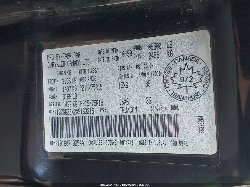 1999 Dodge Dakota Slt/Sport VIN: 1B7GG22X2XS163215 Lot: 43510146