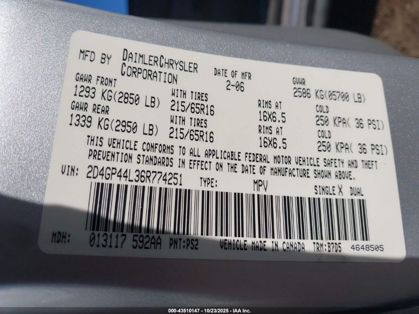 2006 Dodge Grand Caravan Sxt VIN: 2D4GP44L36R774251 Lot: 43510147