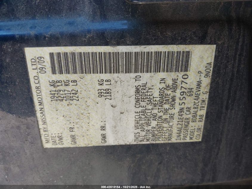 2009 Nissan Altima 2.5 S VIN: 1N4AL21E49N559770 Lot: 43510154