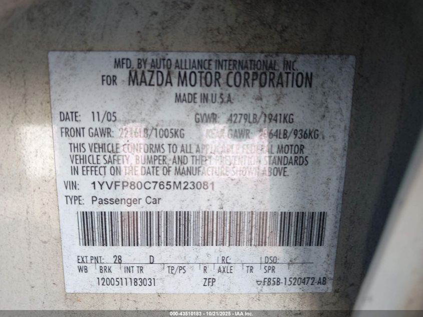 2006 Mazda Mazda6 I VIN: 1YVFP80C765M23081 Lot: 43510183