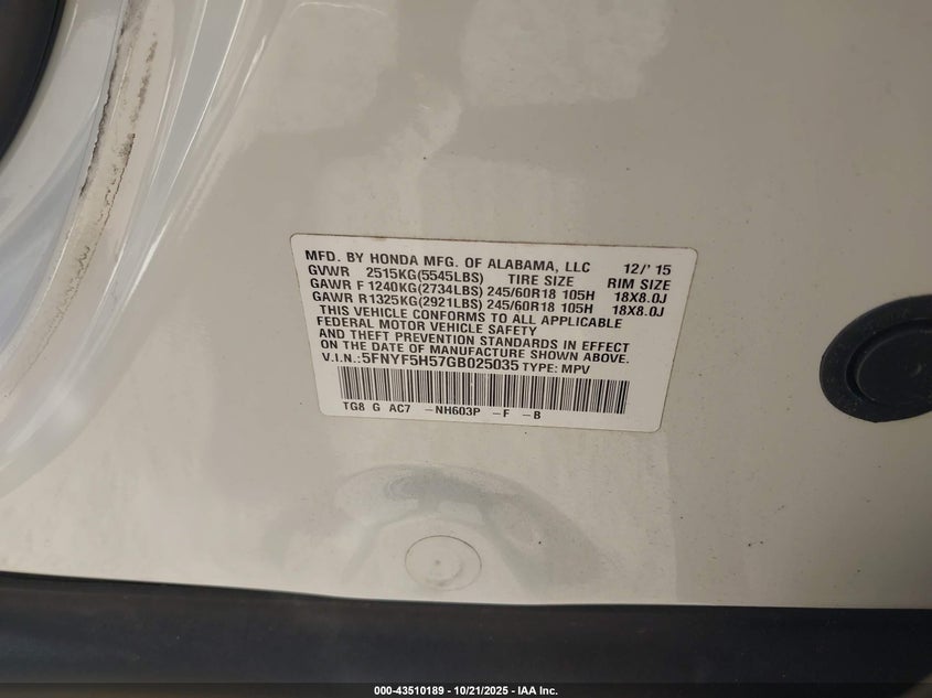 2016 HONDA PILOT EX-L 5FNYF5H57GB025035