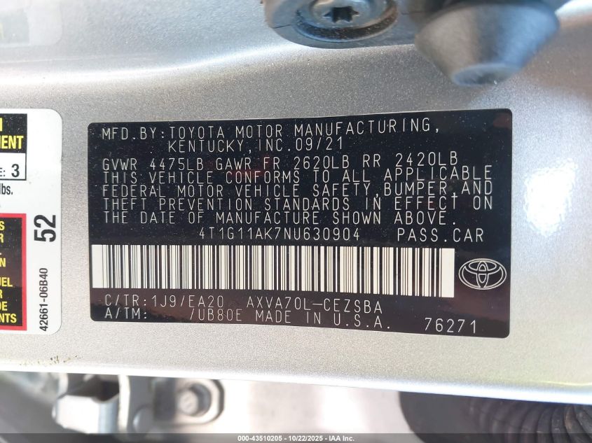 2022 Toyota Camry Se VIN: 4T1G11AK7NU630904 Lot: 43510205