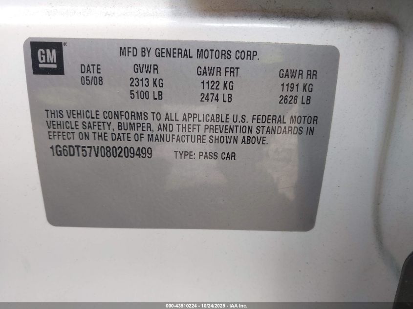 2008 Cadillac Cts Standard VIN: 1G6DT57V080209499 Lot: 43510224