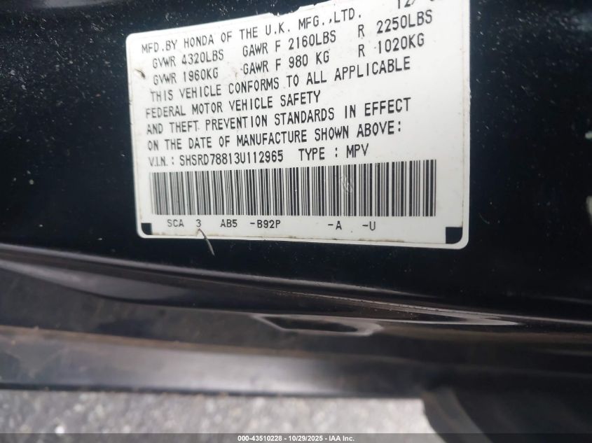 2003 Honda Cr-V Ex VIN: SHSRD78813U112965 Lot: 43510228