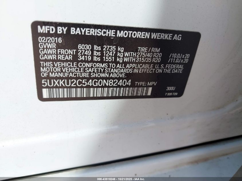 2016 BMW X6 xDrive35I VIN: 5UXKU2C54G0N82404 Lot: 43510246