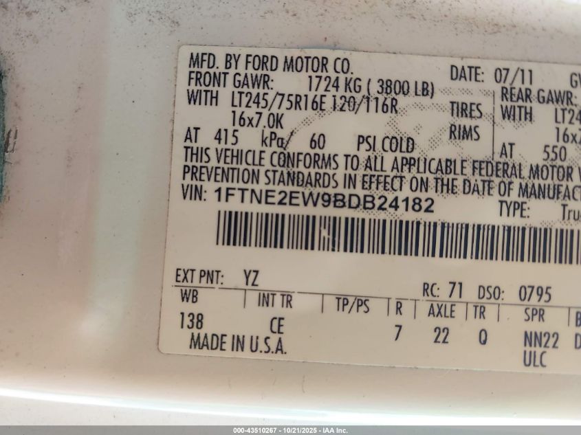 2011 Ford E-250 Commercial VIN: 1FTNE2EW9BDB24182 Lot: 43510267
