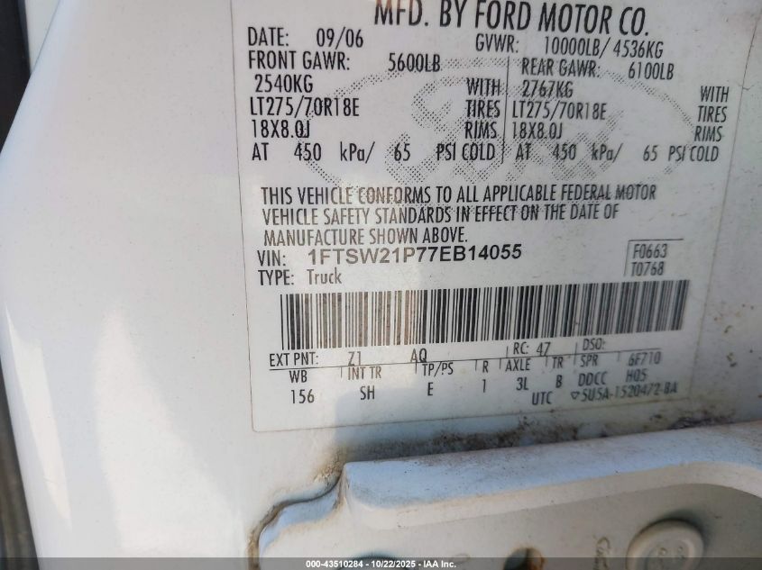 2007 Ford F-250 Lariat/Xl/Xlt VIN: 1FTSW21P77EB14055 Lot: 43510284