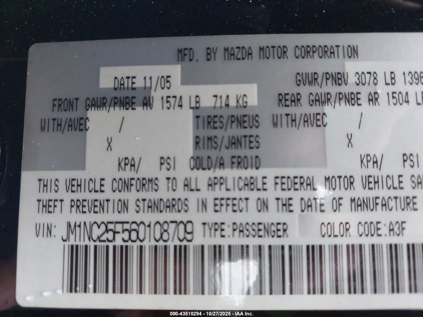 2006 Mazda Mx-5 Grand Touring VIN: JM1NC25F560108709 Lot: 43510294