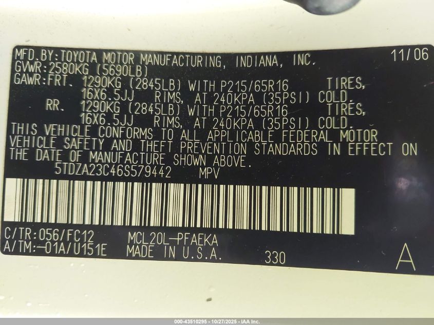 2006 Toyota Sienna Le VIN: 5TDZA23C46S579442 Lot: 43510295