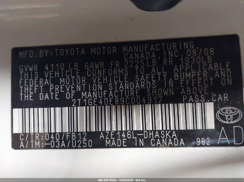 2009 Toyota Matrix Xrs VIN: 2T1GE40E89C004917 Lot: 43510342