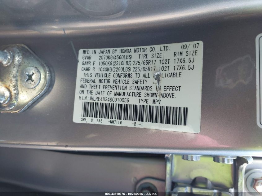 2008 Honda Cr-V Lx VIN: JHLRE48348C010056 Lot: 43510376