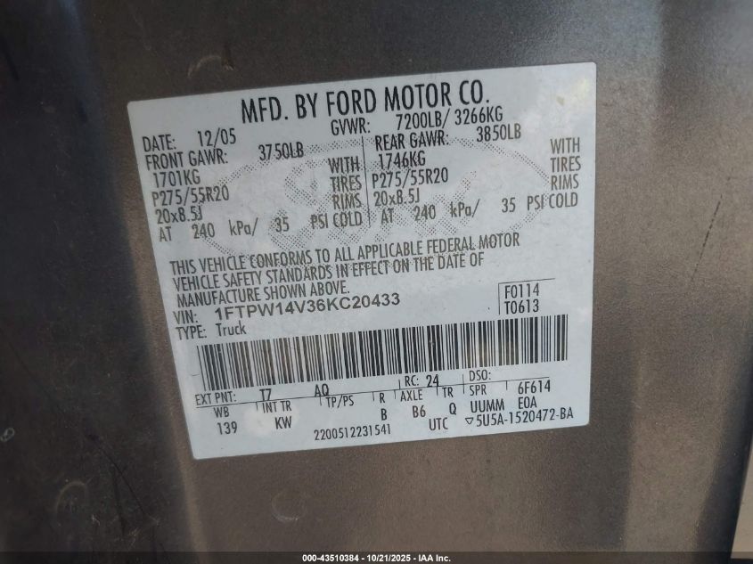 2006 Ford F-150 Fx4/Lariat/Xlt VIN: 1FTPW14V36KC20433 Lot: 43510384