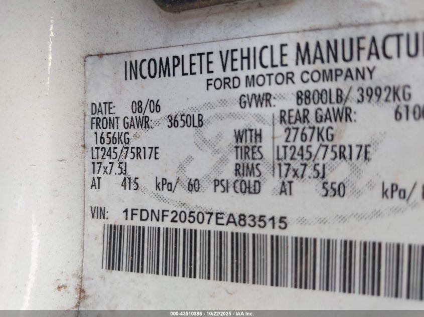 2007 Ford F-250 Xl/Xlt VIN: 1FDNF20507EA83515 Lot: 43510396