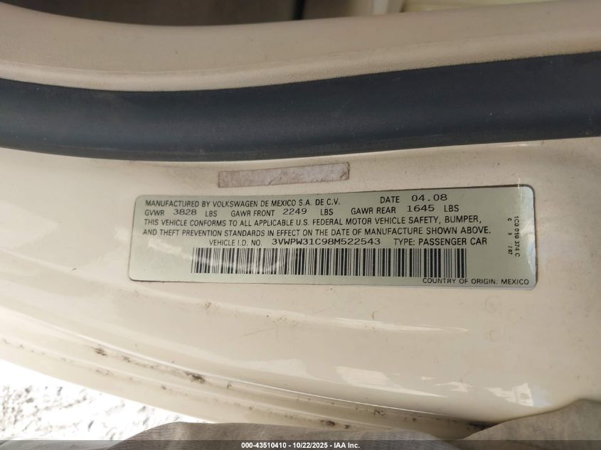 2008 Volkswagen New Beetle S VIN: 3VWPW31C98M522543 Lot: 43510410