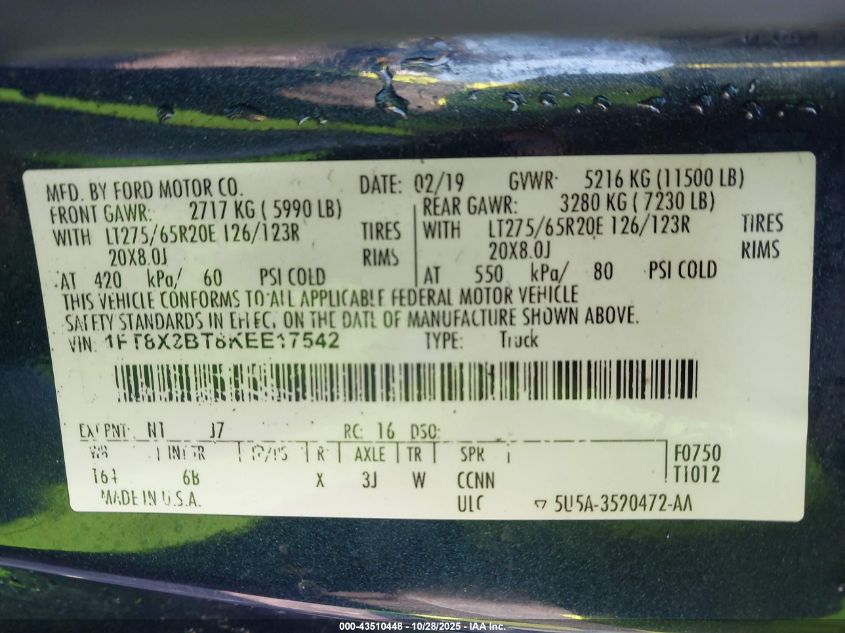 2019 Ford F-350 Lariat VIN: 1FT8X3BT8KEE17542 Lot: 43510448