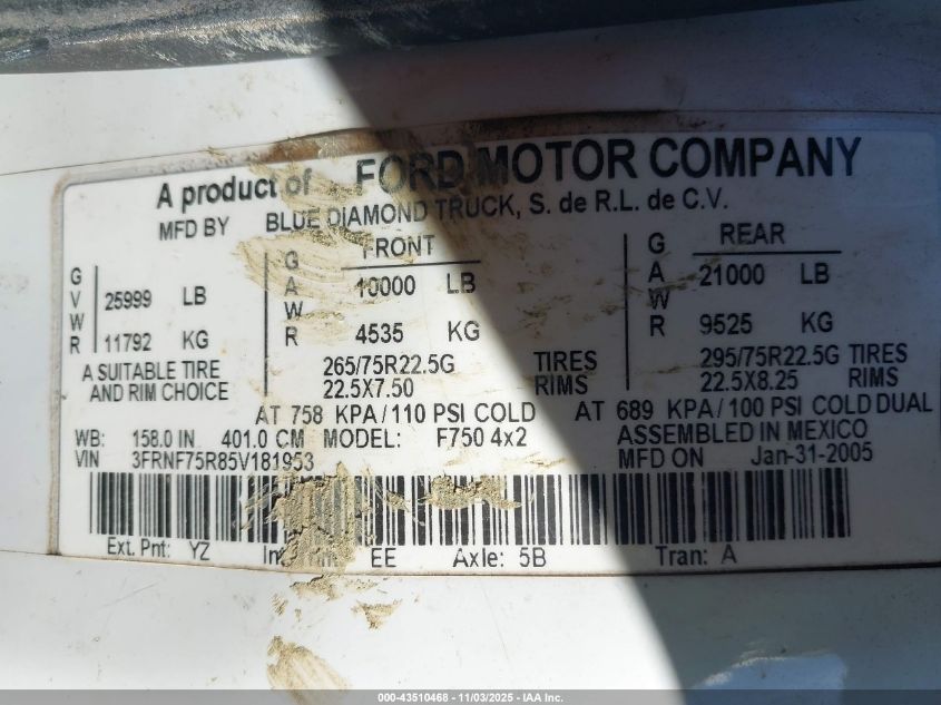 2005 Ford F-750 Xl/Xlt VIN: 3FRNF75R85V181953 Lot: 43510468