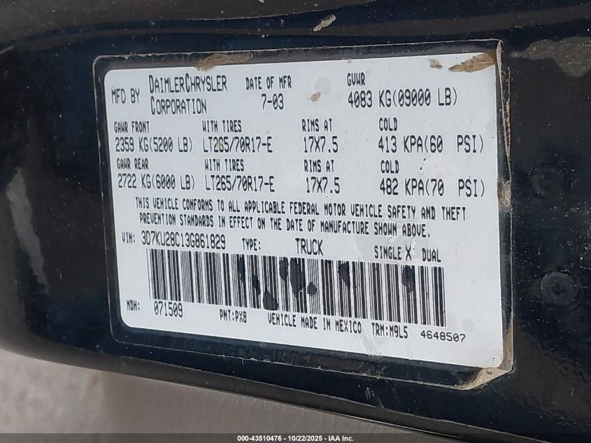 2003 Dodge Ram 2500 Slt/Laramie/St VIN: 3D7KU28C13G861829 Lot: 43510476