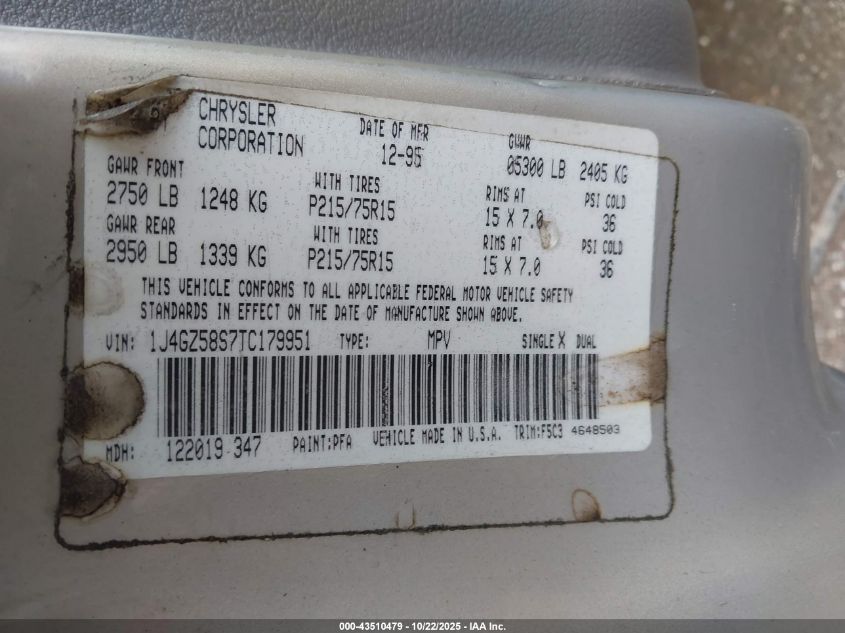 1996 Jeep Grand Cherokee Laredo VIN: 1J4GZ58S7TC179951 Lot: 43510479