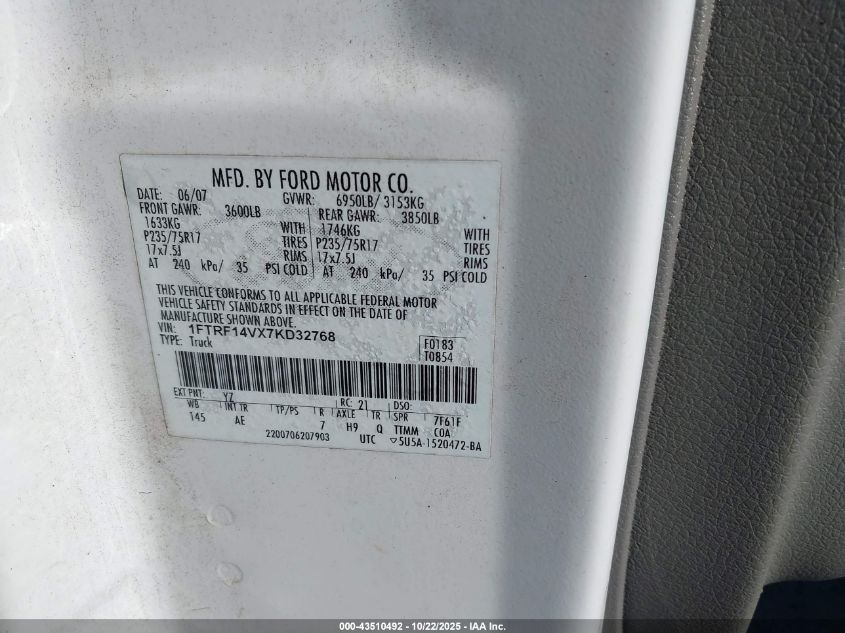 2007 Ford F-150 Fx4/Xl/Xlt VIN: 1FTRF14VX7KD32768 Lot: 43510492