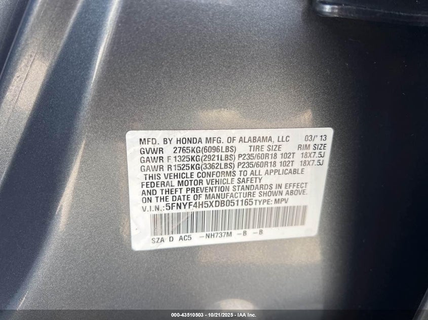 2013 HONDA PILOT EX-L 5FNYF4H5XDB051165