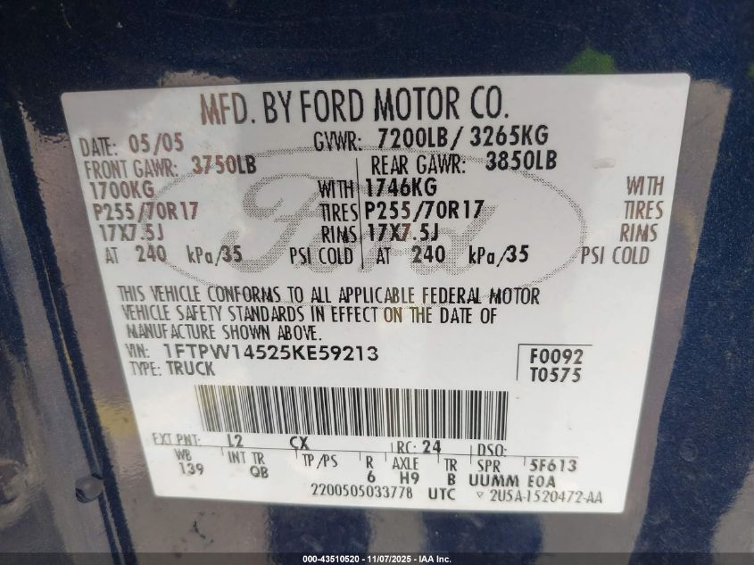 2005 Ford F-150 Fx4/Lariat/Xlt VIN: 1FTPW14525KE59213 Lot: 43510520