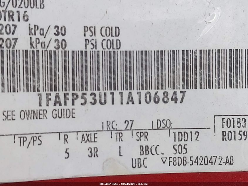 2001 Ford Taurus Se VIN: 1FAFP53U11A106847 Lot: 43510552