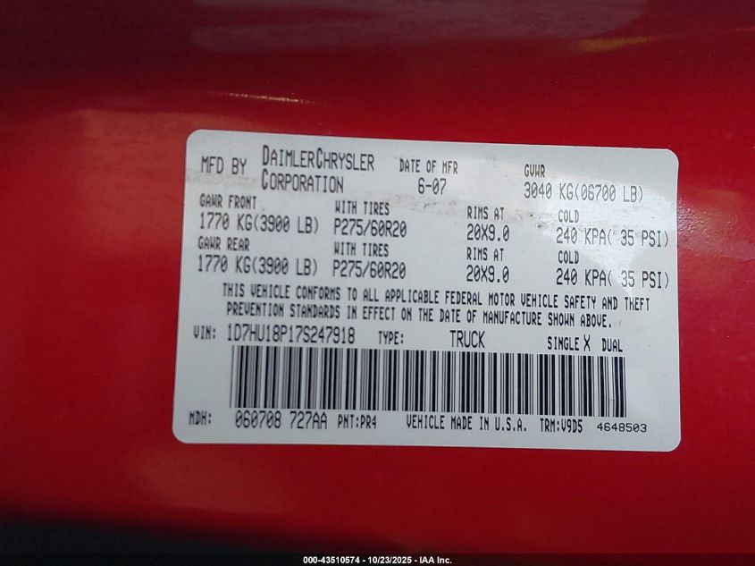 2007 Dodge Ram 1500 Slt/Trx4 Off Road/Sport VIN: 1D7HU18P17S247918 Lot: 43510574