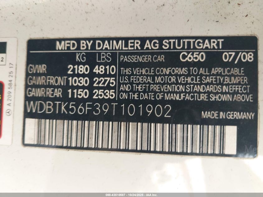 2009 Mercedes-Benz Clk 350 VIN: WDBTK56F39T101902 Lot: 43510587