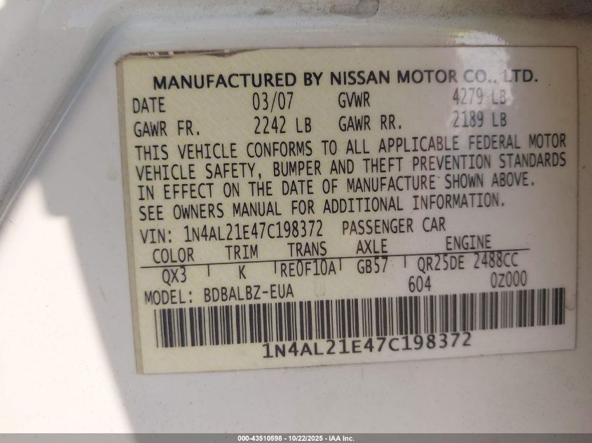 2007 Nissan Altima 2.5 S VIN: 1N4AL21E47C198372 Lot: 43510598