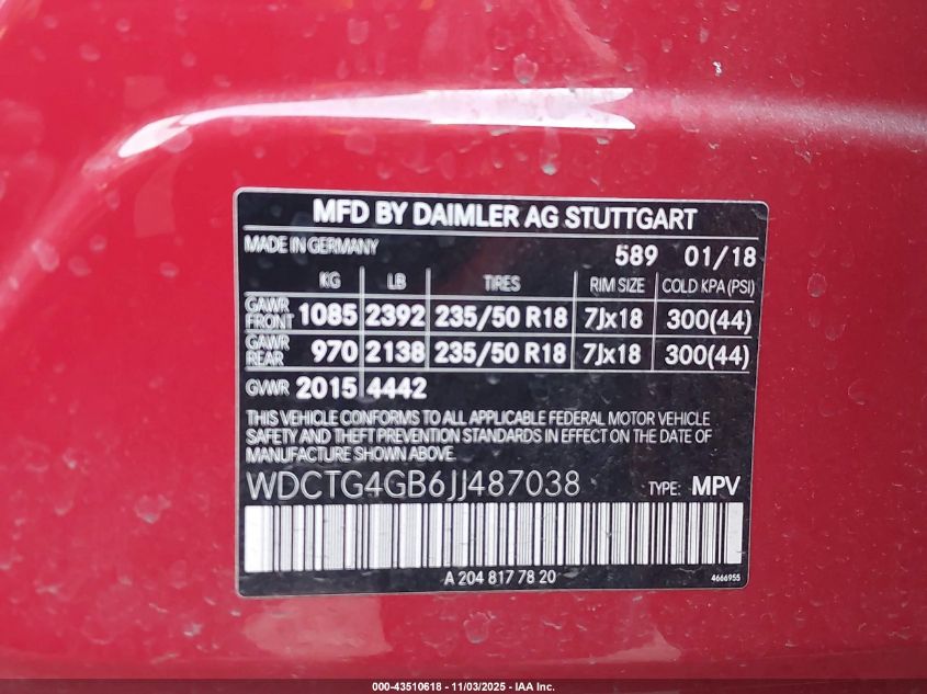 2018 Mercedes-Benz Gla 250 4Matic VIN: WDCTG4GB6JJ487038 Lot: 43510618