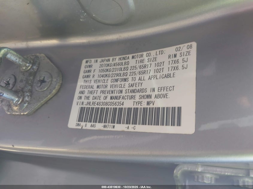 JHLRE48308C056354 2008 HONDA CR-V photo no. 7