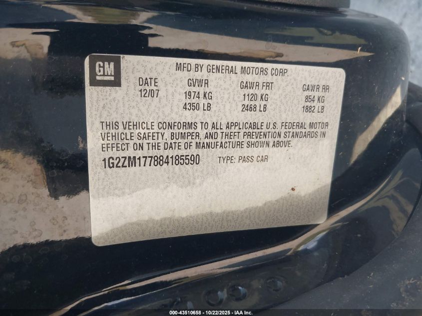 2008 Pontiac G6 Gxp VIN: 1G2ZM177884185590 Lot: 43510658