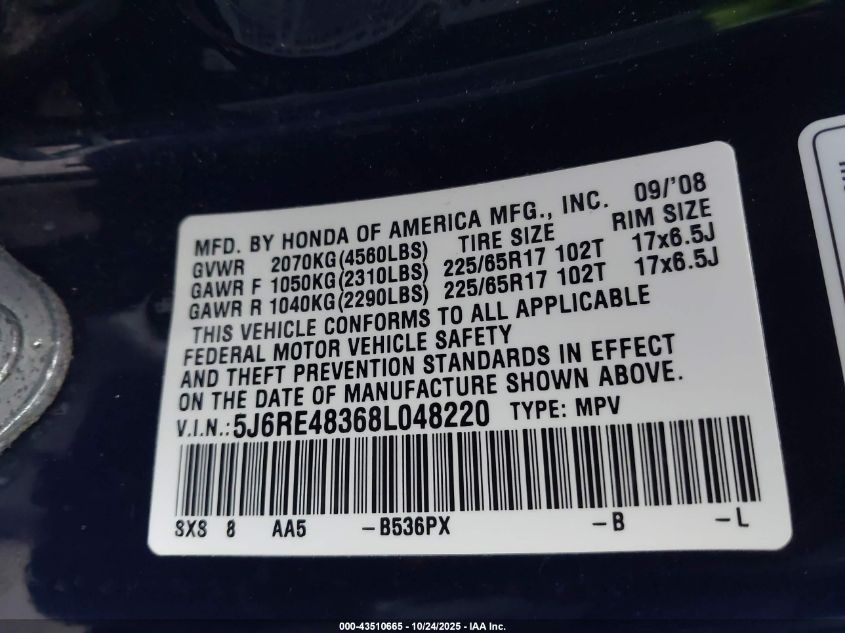 2008 Honda Cr-V Lx VIN: 5J6RE48368L048220 Lot: 43510665