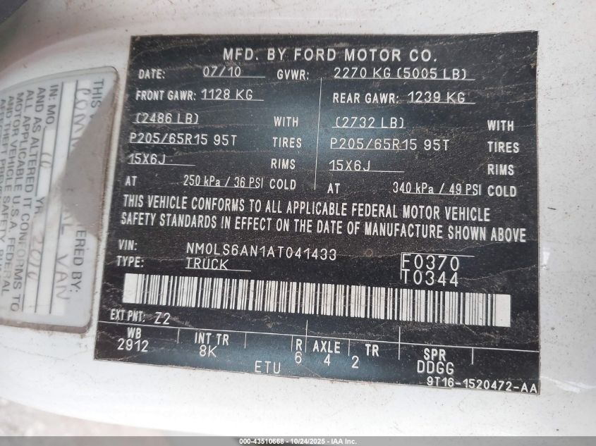 2010 Ford Transit Connect Xl VIN: NM0LS6AN1AT041433 Lot: 43510668