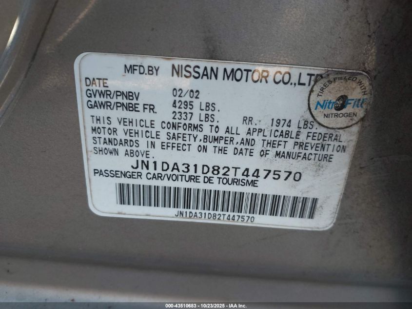 2002 Nissan Maxima Gle VIN: JN1DA31D82T447570 Lot: 43510683