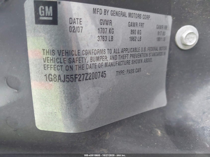 1G8AJ55F27Z200745 2007 SATURN ION photo no. 9